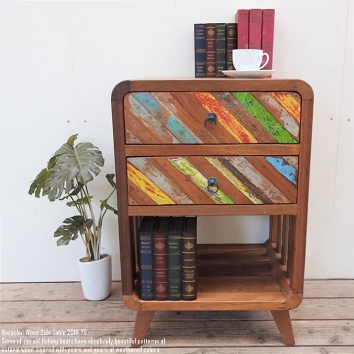 一点物 リサイクルウッド サイドテーブル 2D1R75 船古材 チェスト 2段 収納家具 ボート再生家具 古材 ..