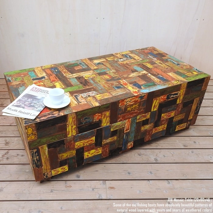 一点物 ボートウッド モザイクテーブル 120cm × 60cm 船古材 ボート再生家具 古材 ローテーブル リビン..