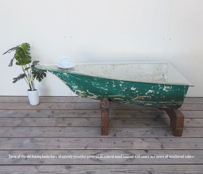 一点物 ボート古材 ガラステーブル 106 リビングテーブル センターテーブル リメイク家具 アンティーク..