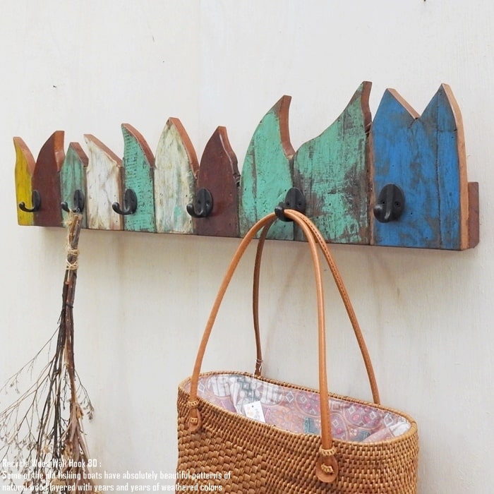 壁掛けフック 80cm ハンガーフック ウォールフック 古材 リサイクルウッド 壁掛け 洋服掛け 帽子掛け 収納 フック コート掛け ウォールハンガー 木 木製...