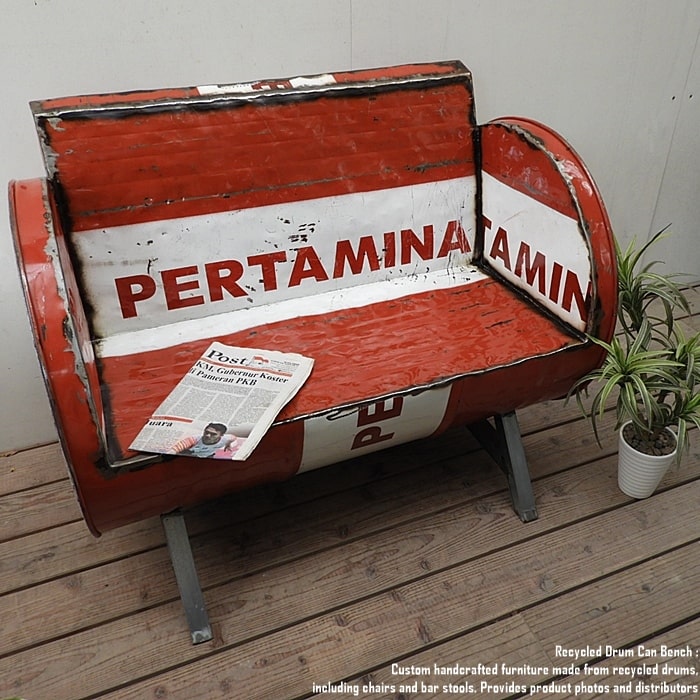 ドラム缶をリメイクしたベンチ 2P U PERTAMINA 2人掛け 1.5人掛け 1人掛け スチール 椅子 プルタミナ ..