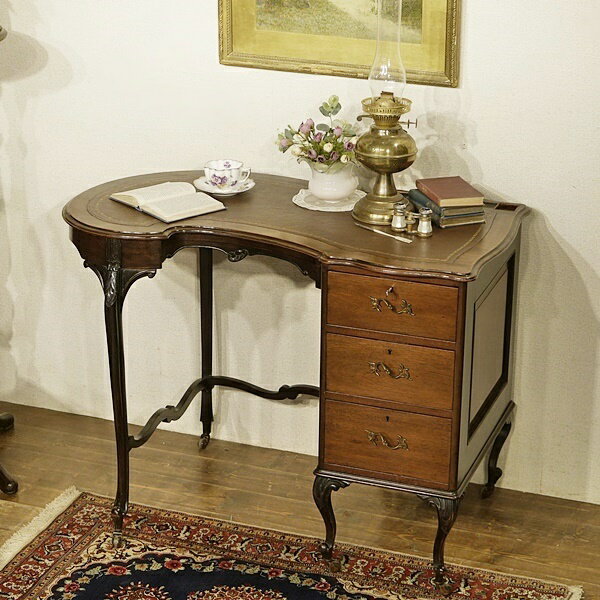 英国イギリスアンティーク家具 優雅なデスク 書斎机 1900年代ヴィクトリアン 天板本革貼り A771