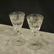 英国イギリスアンティークペアワイングラスクリスタルガラスエッチング2点セットS033
