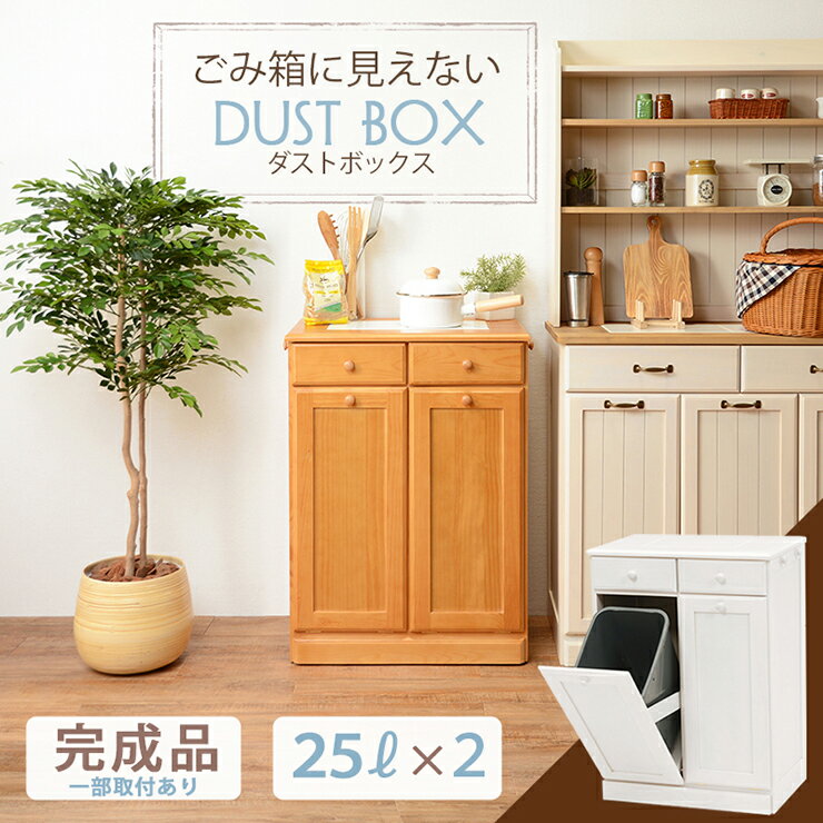 【ポイント10倍★7/30 20:00〜23:59】キッチン2分別ダストボックス（25L×2個）【完成品】キャスター付き・ペール付き（ホワイト／ナチュラル）（大容量 木製 ゴミ箱 ごみ箱 分別ダストBOX 分別ゴミ箱 白 2分別 キッチン用品 台所用）