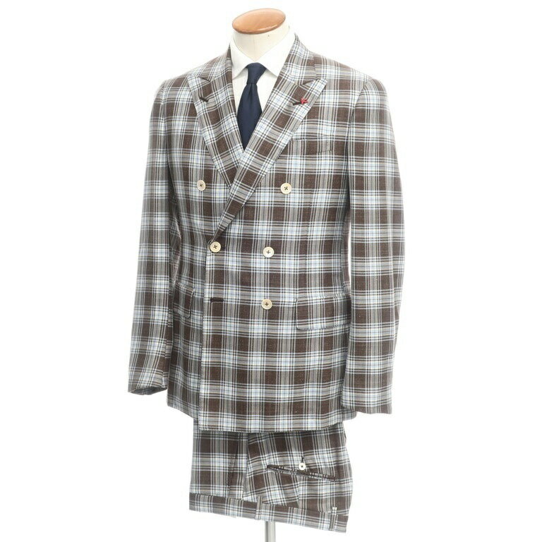 【新品】イザイア ISAIA GREGORY グレゴリー ウールシルクリネン チェック ダブルスーツ ブラウン×ライトブルー【サイズ46】【BRW】【S/S】【状態ランクN】【メンズ】【10499-955300】