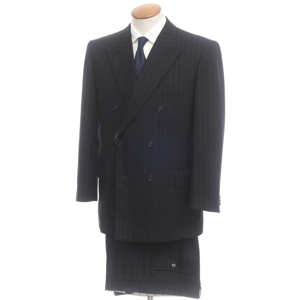 【中古】壹番館洋服店 銀座 イチバンカン ウール系 ストライプ ダブル 6B セットアップ スーツ ブラック【BLK】【A/W】【状態ランクC】【メンズ】【778972】