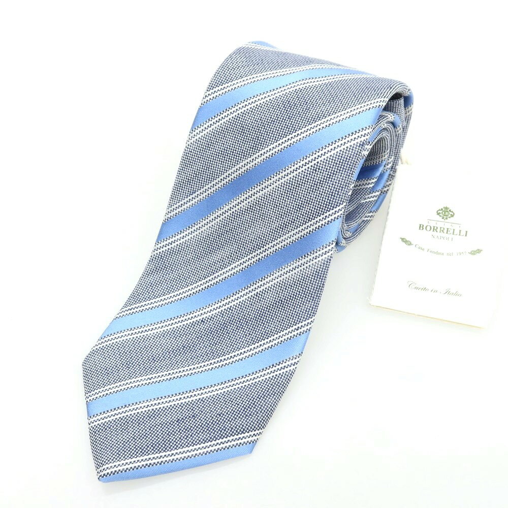 【新品】ルイジ ボレッリ Luigi Borrelli シルクリネン ストライプ柄ネクタイ ブルーxライトブルー【BLU】【S/S/A/W】【状態ランクN】【メンズ】【758992】[APD]