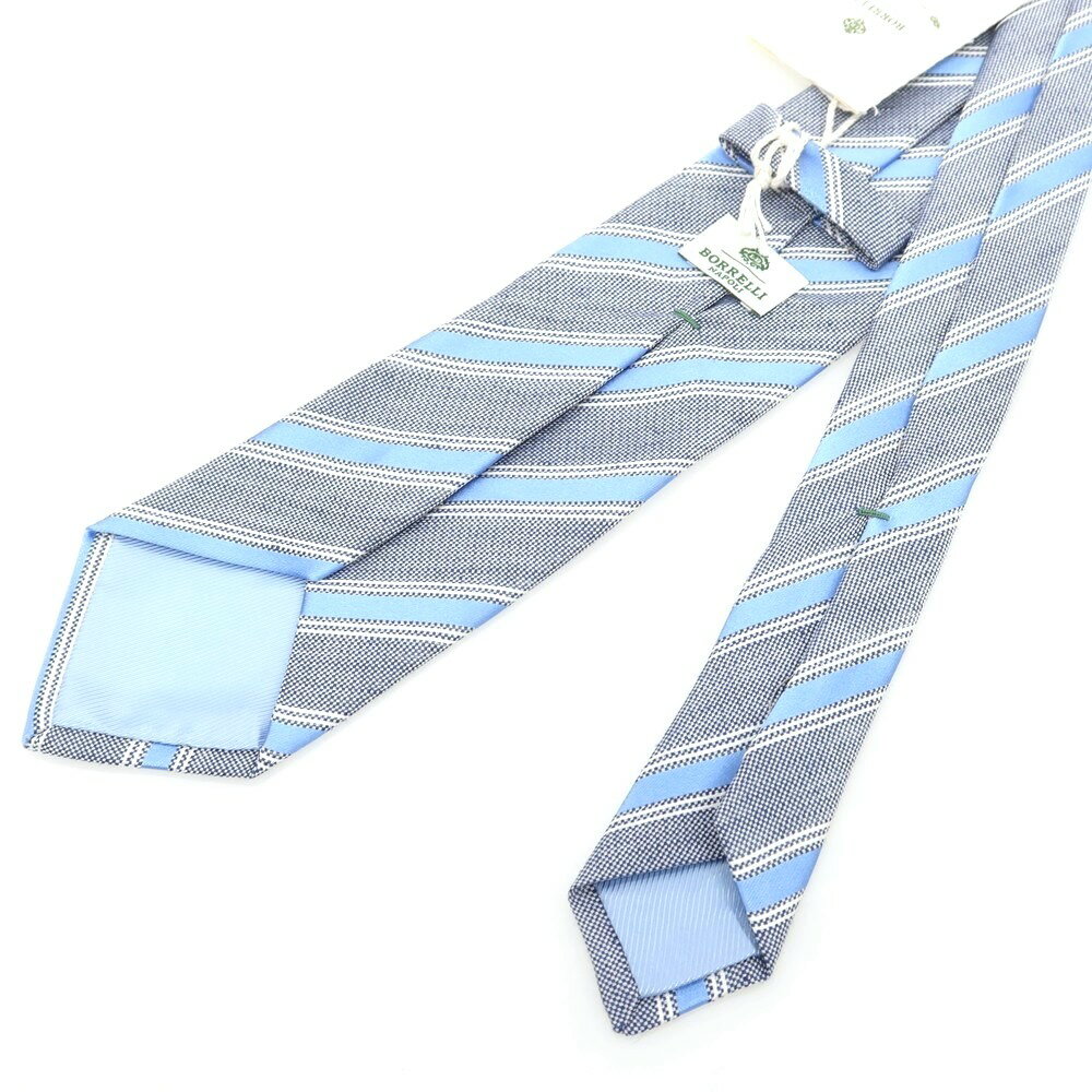 【新品】ルイジ ボレッリ Luigi Borrelli シルクリネン ストライプ柄ネクタイ ブルーxライトブルー【BLU】【S/S/A/W】【状態ランクN】【メンズ】【758992】[APD]