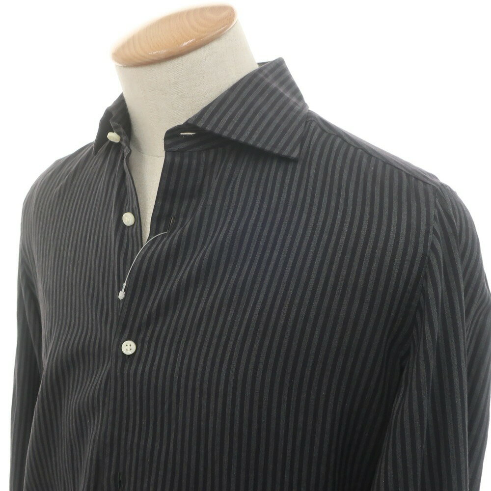 【中古】ルイジ ボレッリ Luigi Borrelli コットン ストライプ ワイドカラー カジュアルシャツ ブラック系xグレー【サイズ37】【BLK】【S/S/A/W】【状態ランクB】【メンズ】【749397】