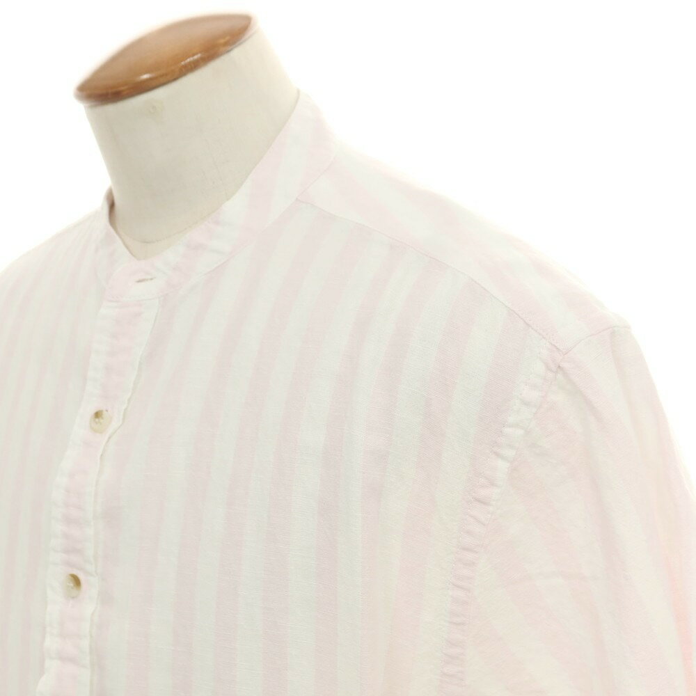 【中古】バナナリパブリック Banana Republic リネンコットン ストライプ バンドカラー 半袖シャツ ライトピンクxホワイト【サイズM】【S/S】【状態ランクB】【メンズ】[BPD]