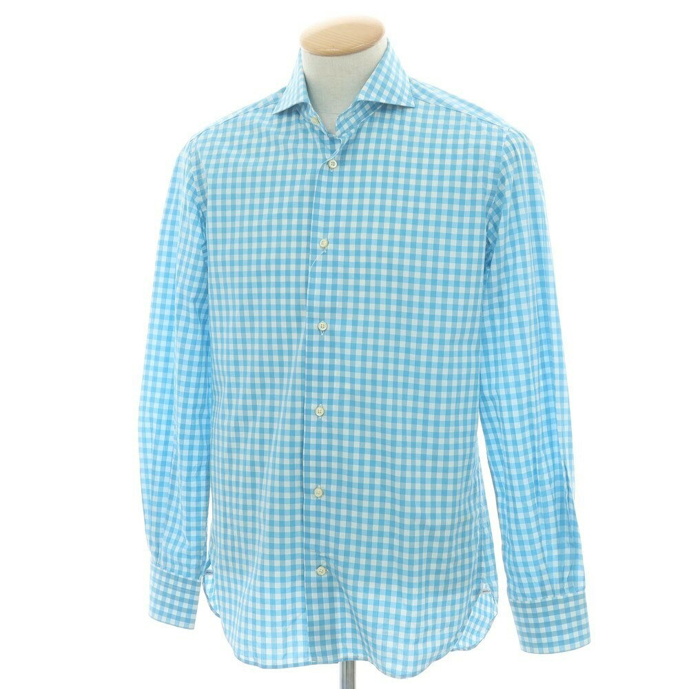 【SALE50%OFF/返品不可】【中古】ダノリス DANOLIS BEAMS F別注 コットン ギンガムチェック ホリゾンタルカラー カジュアルシャツ ライトブルーxホワイト【サイズS】【S/S/A/W】【状態ランクC】【メンズ】