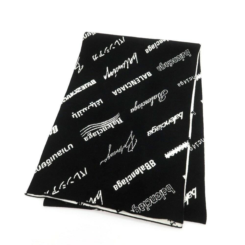 【中古】【未使用】バレンシアガ BALENCIAGA ウールポリエステル ロゴ マフラー ブラック【A/W】【状態ランクS】【メンズ】