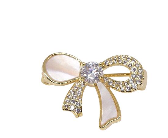 18K RGP ゴールド ダイヤ CZ 天然貝殻 リボン ブローチ gx5110 送料無料