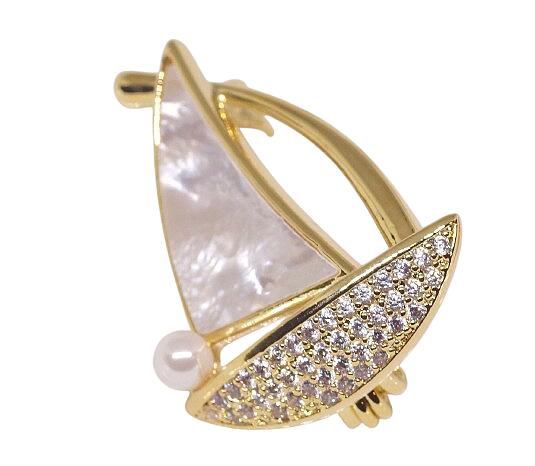 18K RGP ゴールド ダイヤ CZ 天然貝殻 ヨット ブローチ gx5119 普通便 送料無料