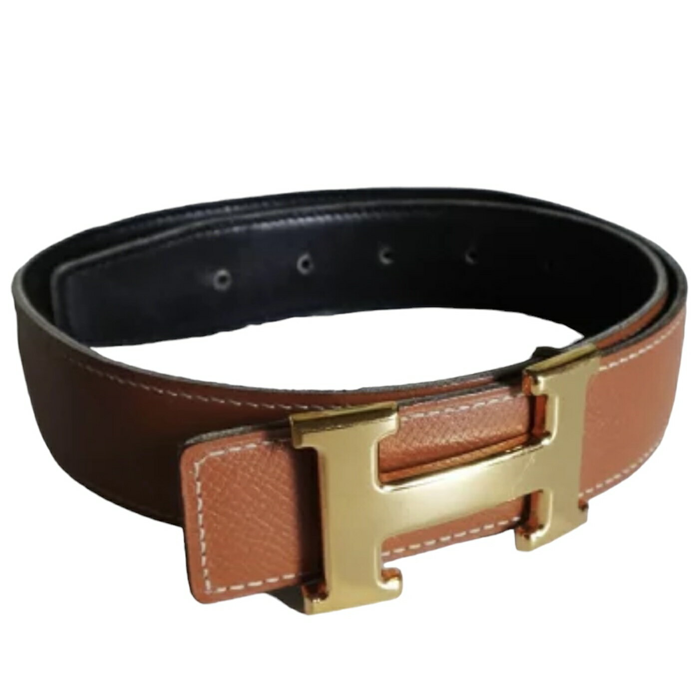 【最大3万円OFFクーポン対象!〜11/27】HERMES エルメス Hベルト メンズ レディース #65 ブラウン系/黒 ゴールド金具 レザー□B 本物 ウエ...