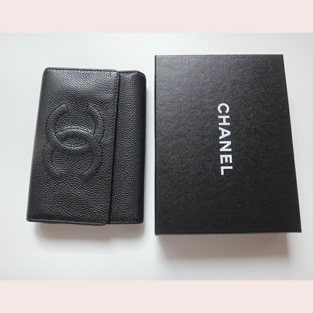 CHANEL シャネル 財布 キャビア 三つ折りサイフ 黒 レディース 男女兼用【中古】c-002