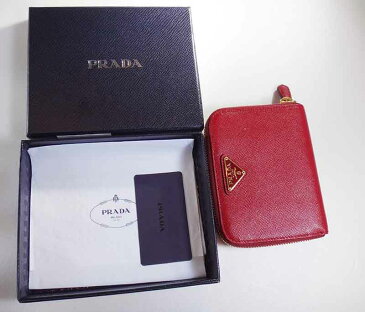 美品 PRADA プラダ サフィアーノ ファスナー 財布 レッド レザーコインケース コンパクトウォレット【中古】t-002 t17-4326 00