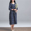 森ガール ロングワンピース フレアワンピース 小花柄 七袖袖 M〜XXLサイズ 綿麻 ワインレッド/ネイビー/グリーン 新品未使用品 t-003【クリックポスト...