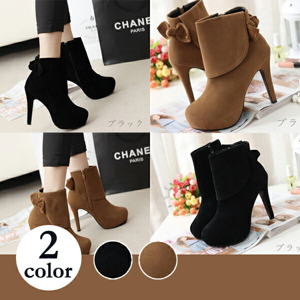 レディース バックリボン付 ショートブーツ ブラック/ブラウン サイズ35〜42 新品未使用品 t-003△△qqa7-600 bm