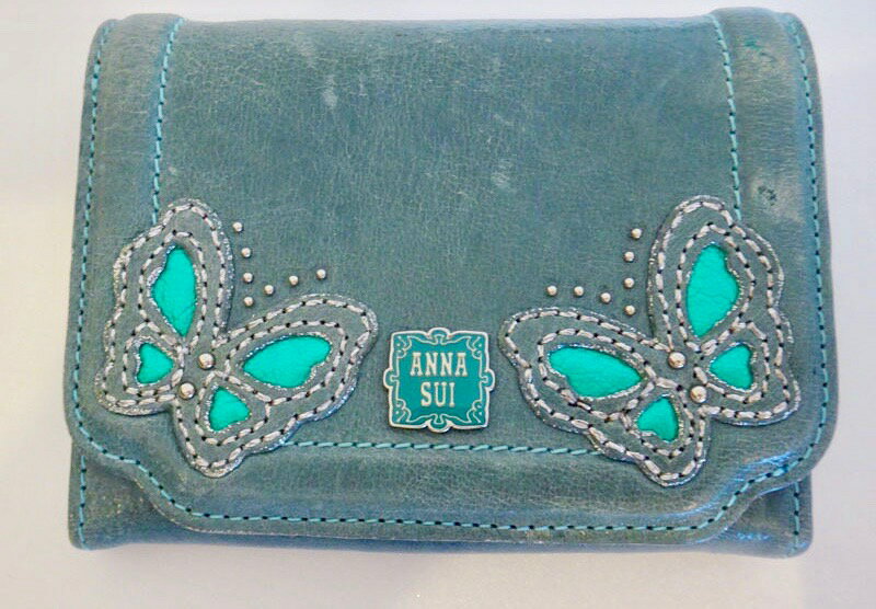 ANNA SUI アナスイ 2つ折り財布 グリーン レザー【中古】t-003