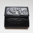 CHANEL シャネル財布 シャネル Wホック レディースサイフ カメリア柄 二つ折り財布 小銭入れあり レザー 黒 ブラック 金具シルバー 正規 本物 ブランド プレゼント 中古