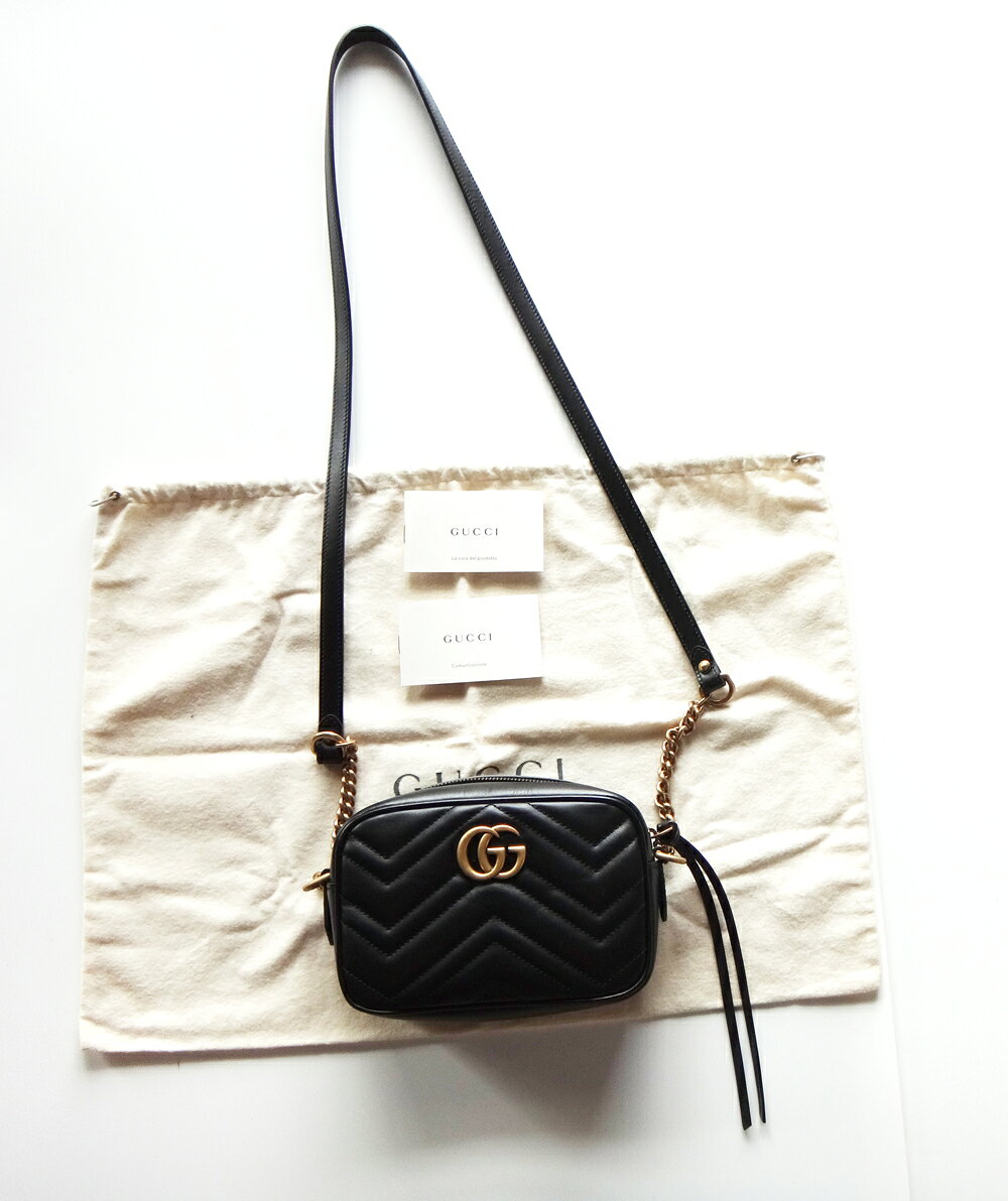 Rakuten - 超美品 GUCCI グッチ GGマーモント ショルダーバッグ 448065 DTD1T ストラップ レザー レディース ブラック キルティング ミニバッグ クロ レディース 斜めかけ可能 中古 t16-3359