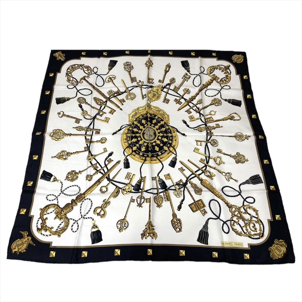 HERMES エルメス スカーフ シルク100% カレ 90×90 ネイビー×アイボリー×マルチ系 ...
