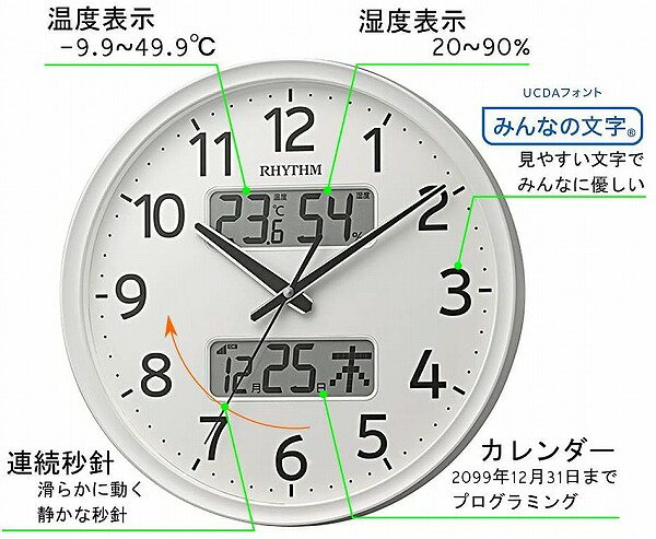 【送料無料】リズム時計(RHYTHM) 掛け時計 白 Φ35x5.3cm 電波 アナログ 連続秒針 温度 湿度 カレンダー 8FYA03SR03 ※北海道・九州・沖縄・離島は別途送料(1080円〜2160円) [2]
