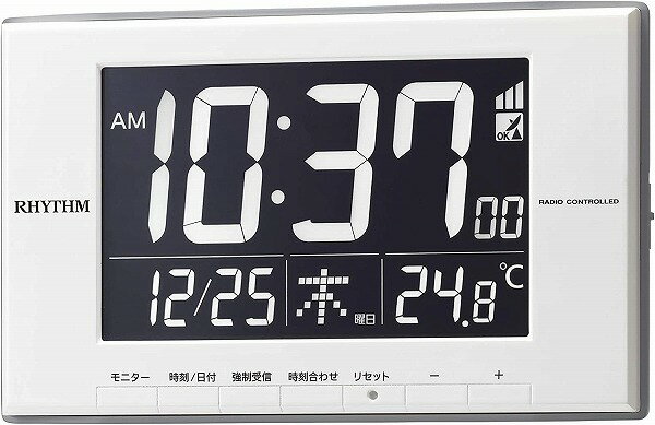 【送料無料】リズム時計(RHYTHM) 置き時計 白 12x19.4x2.1cm 目覚まし時計 電波時計 温度計 カレンダー LED ライト式 8RZ209SR03 ※北海道・九州・沖縄・離島は別途送料(1080円〜2160円)