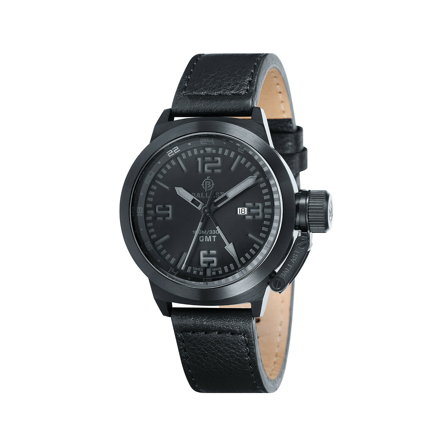 【送料無料】[BALLAST / バラスト] 腕時計 BL3102-07 SWISS MADE GMT メンズブラックダイヤル レザーベルト ★北海道・九州・沖縄・離島は別途送料(1080円-2160円) アンティーク 贈答贈呈品 古希 ROLEX サブマリーナ　CASIO デイトナ ラスト1台　インバウンド　お土産　限定