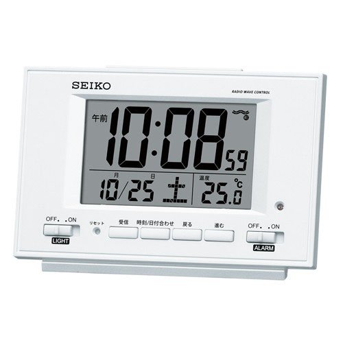 【送料無料】SEIKO CLOCK (セイコークロック) 目覚まし時計 自動点灯 電波 デジタル カレンダー・温度表示 夜でも見える 白パール SQ778W ※北海道・九州・沖縄・離島は別途送料（1080円〜2160円）粗大ゴミ　南　アカウント　ベイクドポテト　サムライ　牛丼　チーズケーキ