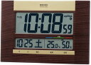 　SEIKO CLOCK (セイコークロック) 掛け時計 茶木目 18×26×2.0cm 置き掛け時計 置き掛け兼用 電波 デジタル カレンダー SQ440B 製品特徴 ●木目模様で高級感のある、薄型設計の掛置兼用クロック●温湿度表示に加え、快適度表示が健康管理を応援 ■　■ spec ■　■ 本体サイズ （約）180x260x22mm 置いた状態 174x260x81mm 本体重量 （約）460g 枠材 プラスチック枠（茶木目模様） 前面：ガラス 電池 単3（マンガン）×2 (電池寿命約1年間) 備考 取扱説明書、保証書 ◆電波修正機能（40kHz/60kHz自動選局・受信OFF機能つき） ◆2099年までのフルオートカレンダー機能 ◆温湿度表示（温度測定範囲：0℃〜40℃　測定精度：±2℃　湿度測定範囲：25％RH〜85％RH　測定精度：±8％（25℃）） ◆快適度表示（6段階） ◆12時間制／24時間制切替式 ◆置用スタンドつき 保証期間1年