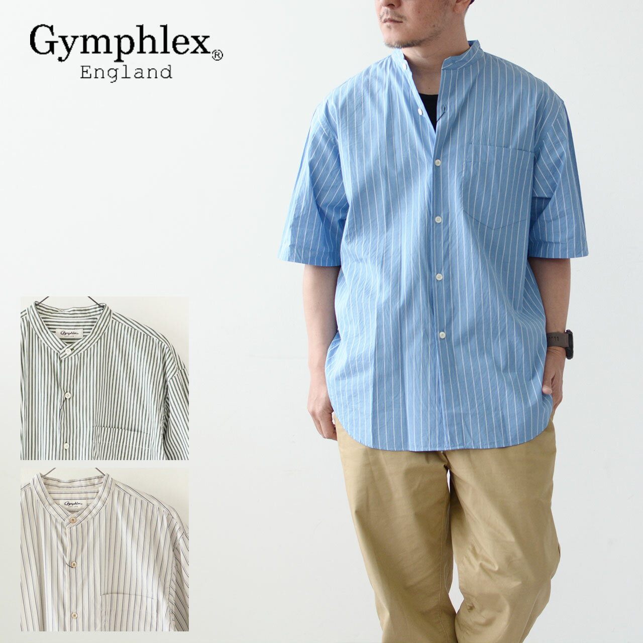 楽天refalt【SALE 20％OFF】Gymphlex [ジムフレックス] M BAND COLLAR SHIRT S/S [GY-B0156MUL] バンドカラーシャツ 半袖・スタンドカラーシャツ・半袖シャツ・ストライプシャツ・コットンシャツ・MEN'S [2023SS]