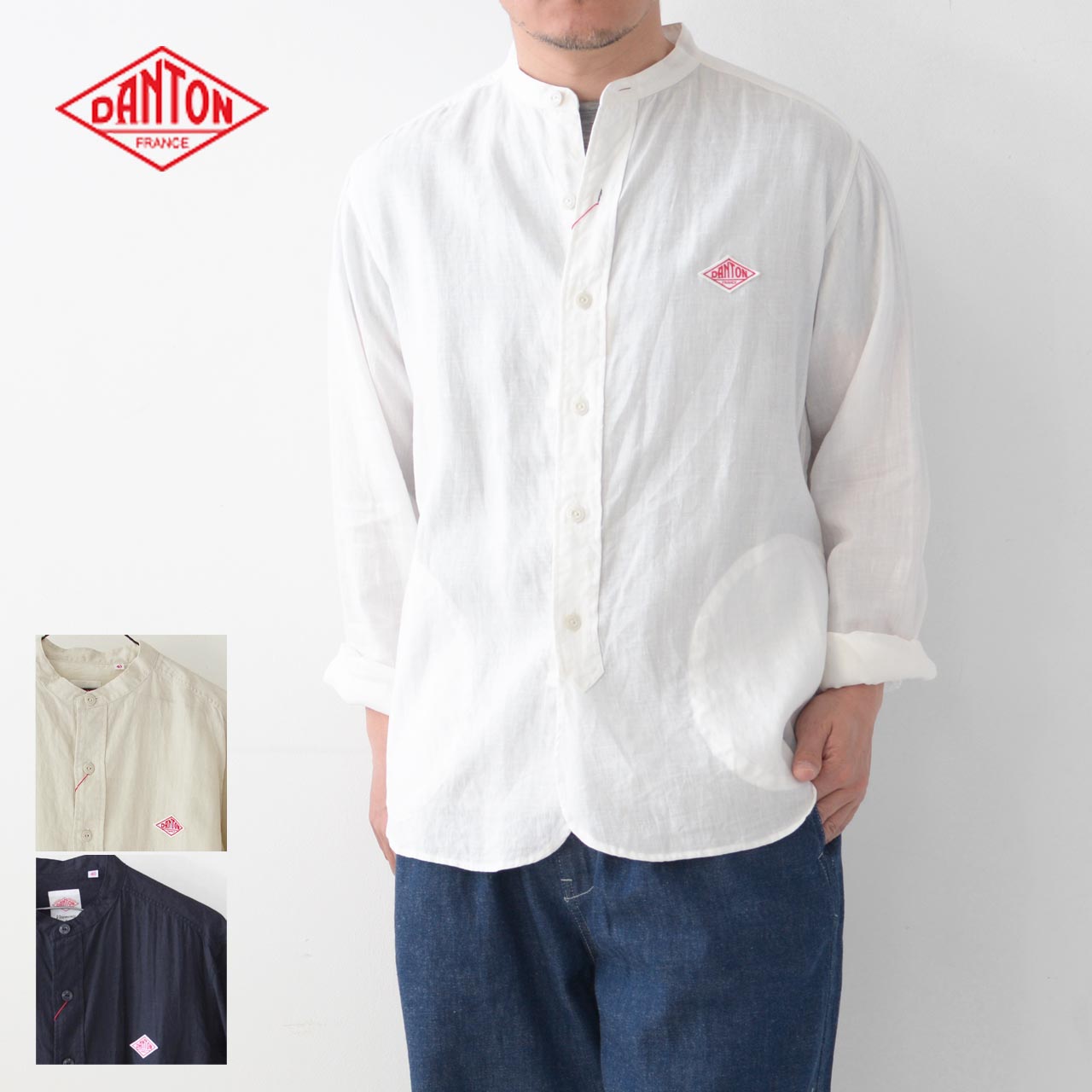DANTON バンドカラー シャツ長袖シャツ 34 ストライプ ノーカラーシャツ DANTON ダントン メンズ オックスフォード バンドカラーシャツ