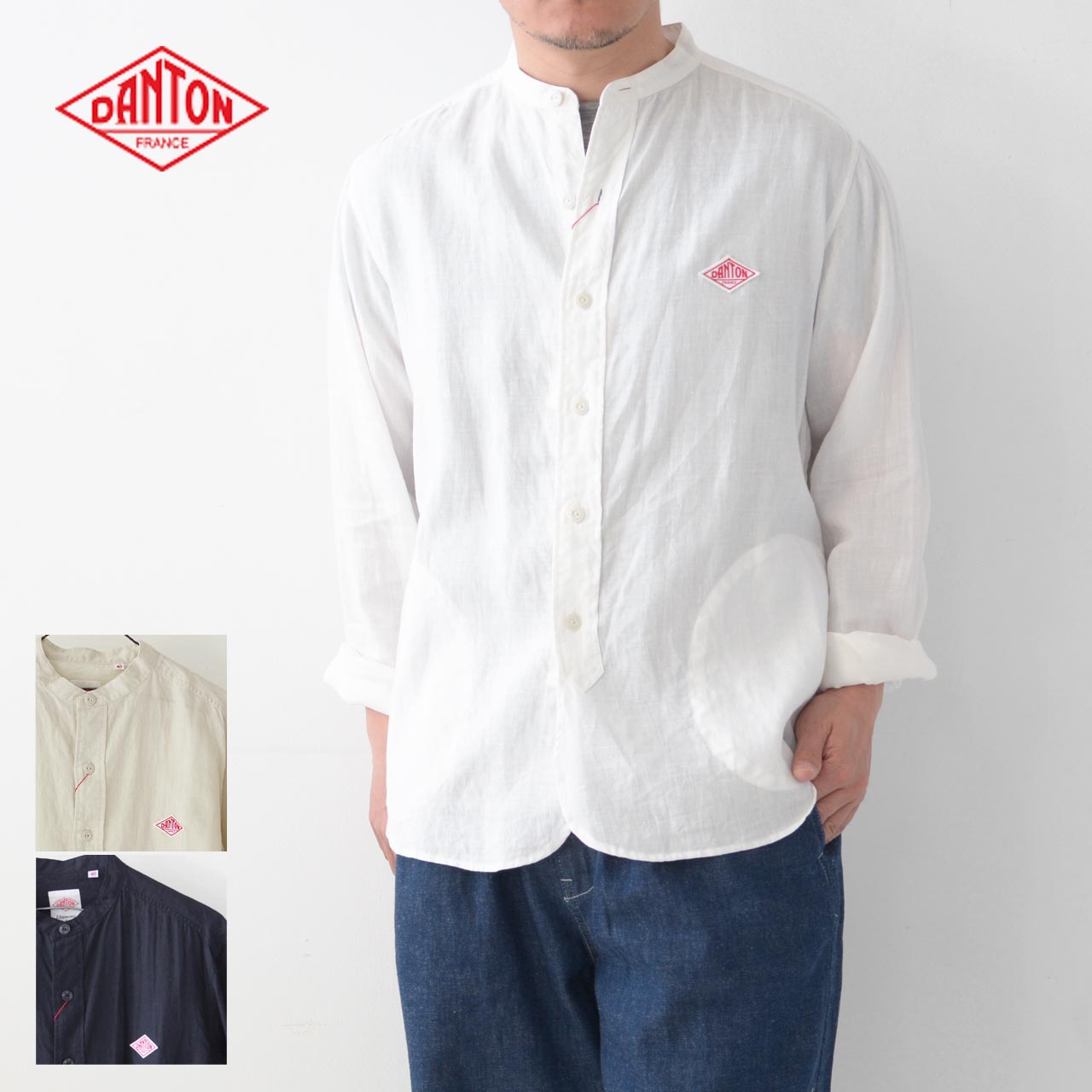 DANTON [ダントン] M's L/S LINEN CLOTH NO COLLAR SHIRTS [JD-3607KLS]リネンクロスノーカラーシャツ　リネンシャツ　 長袖バンドカラーシャツ・長袖シャツ・ノーカラー・無地・メンズ・男性用・紳士・MEN'S [2022SS]