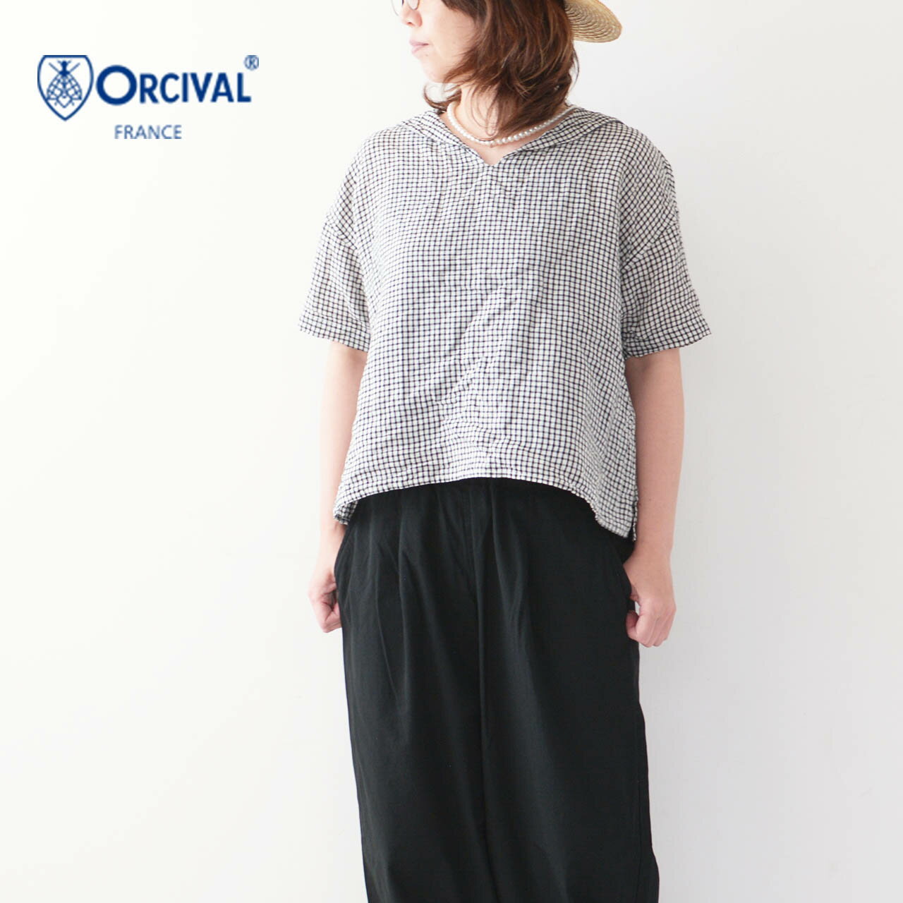 ORCIVAL W SAILOR S/S LINEN PULLOVER  セーラーS/Sリネンプルオーバー・リネンシャツ・リネンブラウス・セーラーカラー・ギンガムチェック・LADY'S 