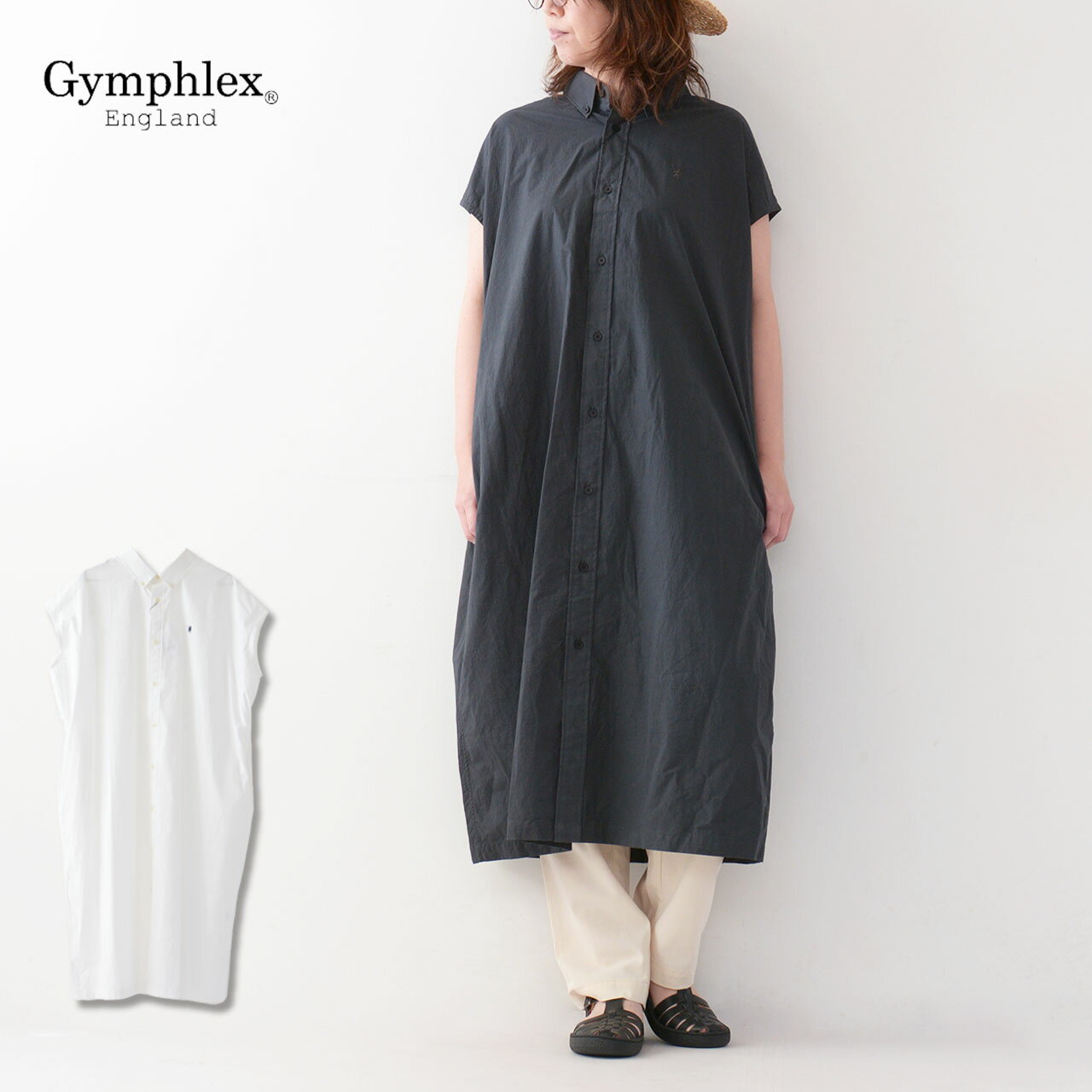 Gymphlex ジムフレックス SLEEVELESS B.D. SHIRT DRESS GY-B0246TYO ボタンダウンシャツドレス スリーブレス ノースリーブ 袖なし ロング丈 シャツワンピース コットン素材 LADY 039 S 2024SS