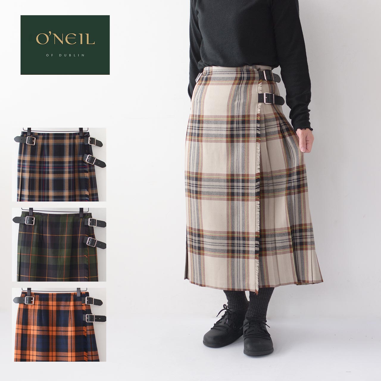 O'NEIL OF DUBLIN  WORSTED WOOL-TARTAN MIDDLE KILT SKIRT  ウーステッドウール タータンミドルキルトスカート・キルトスカート・ミドル丈スカート・タータンチェック・チェックスカート・LADY'S 