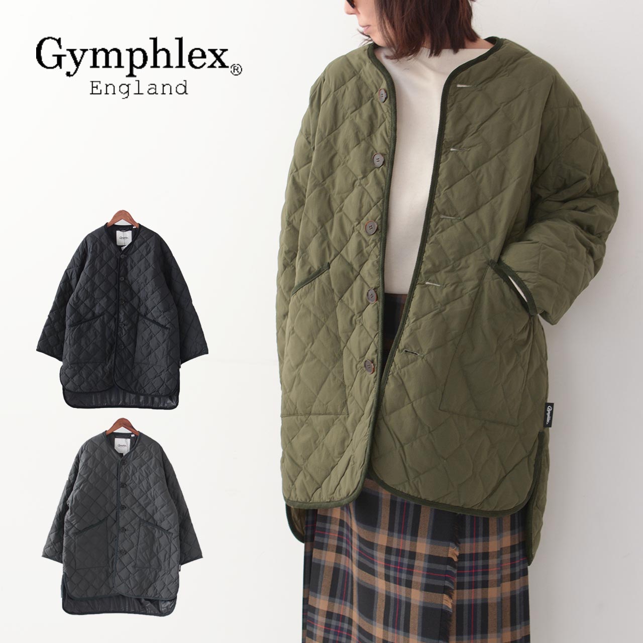 【SALE 30%OFF】GYMPHLEX[ジムフレックス] W QUILT DOWN COLLARLESS COAT [GY-A0056NYM] キルトダウンカラーレスコート・ノーカラーコート・秋冬コート・ダイヤキルト・サイドスリット・ルーズ・ワイドシルエット・アウター・LADY'S [2023AW]