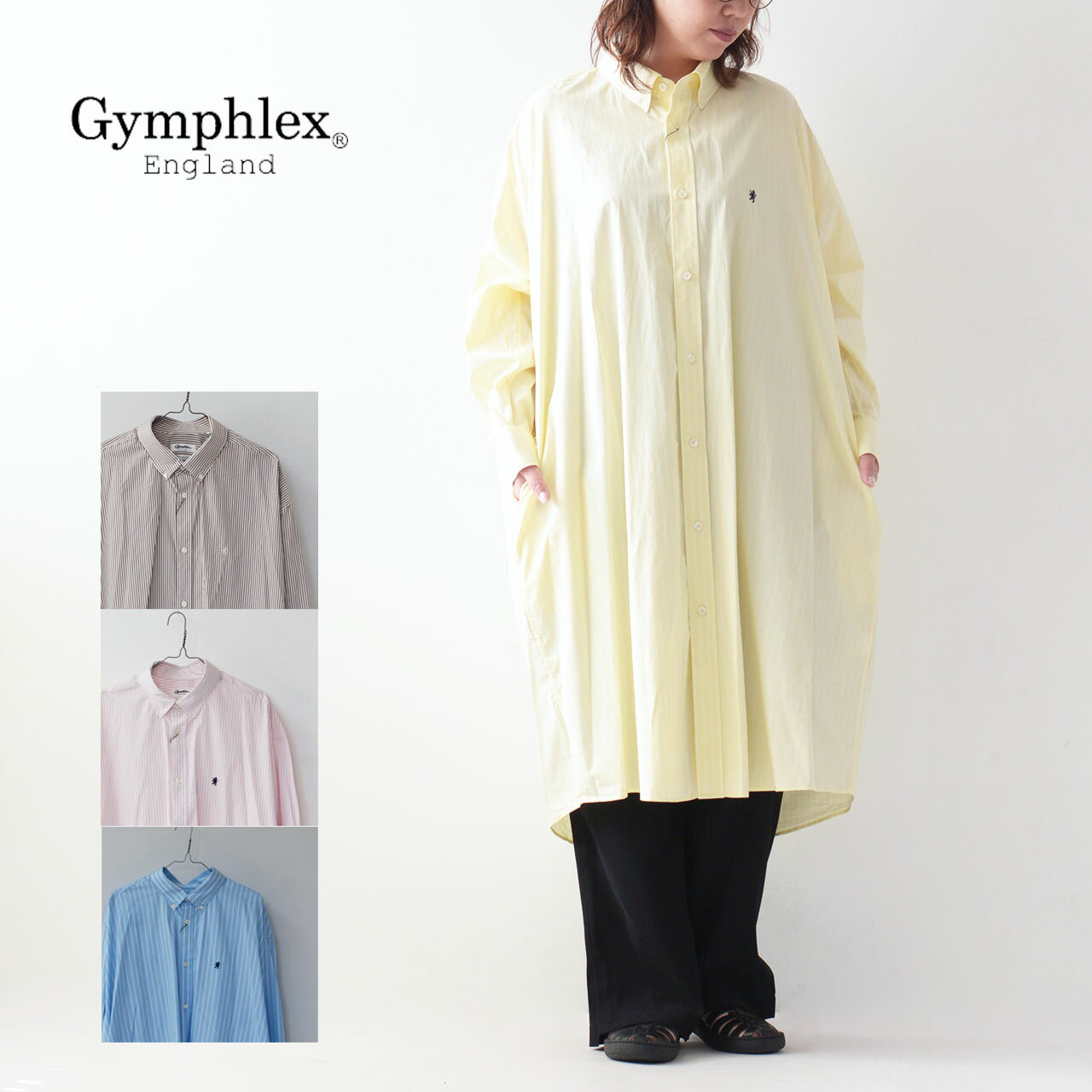 Gymphlex ジムフレックス B.D. COLLAR WIDE SHIRT DRESS GY-G0081TTS B.Dカラーワイドシャツドレス シャツワンピース シャツドレス ストライプ LADY 039 S 2024SS