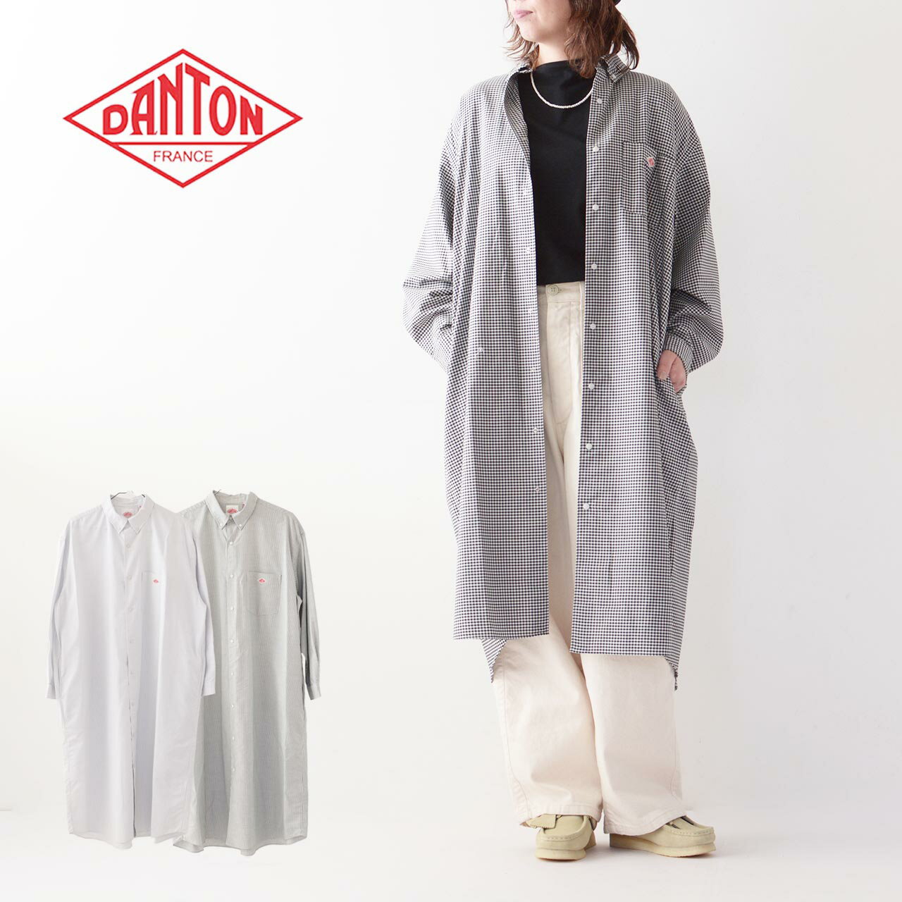 DANTON ダントン W COOLMAX OXFORD B.D SHIRT DRESS-DESIGN- DT-G0049CMX-D クールマックスボタンダウンシャツドレス シャツドレス シャツワンピース ギンガムチェック ストライプ LADY 039 S 2024SS