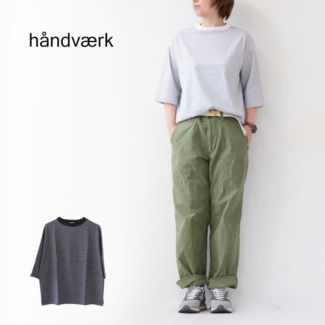 Handvaerk ハンドバーク W 60/2 BOTTLE NECK 3/4 SLEEVE T-SHIRT BORDER 6207 60/2 ボトルネックTシャツ ボーダー ストライプ 七分袖Tシャツ ルーズシルエット ボトルネック ボーダー ストライプ LADY 039 S 2024SS