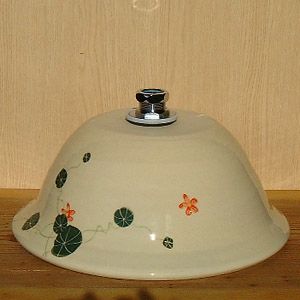 洗面ボウル信楽焼(和風陶器製)グリーンそり型(絵付け)(手洗い鉢/洗面鉢/洗面ボール)中サイズ34cm