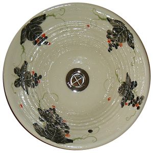 洗面ボウル信楽焼(和風陶器製)墨絵ぶどうそり型(絵付け)(手洗い鉢/洗面鉢/洗面ボール)小サイズ30cm