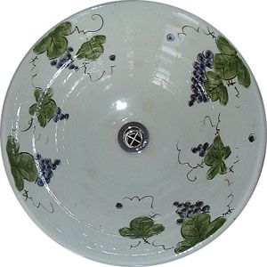 洗面ボウル信楽焼(和風陶器製)ぶどう絵そり型(絵付け)(手洗い鉢/洗面鉢/洗面ボール)大サイズ40cm