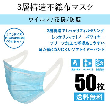 自社在庫あり マスク 50枚 耳が痛くなりにくい ソフトイヤーバンド 3層構造 不織布マスク プリーツマスク ふつうサイズ 大人用 使い捨て 定形外郵便 送料無料