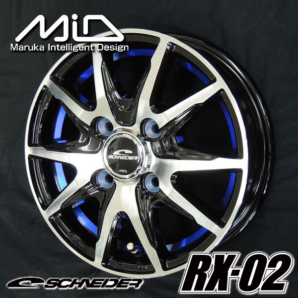 送料無料★タント ムーブ スペーシア ウェイク などに■MID RX-02■ブラックポリッシュ/アンダーカットブルー■155/65R14■ブリヂストン