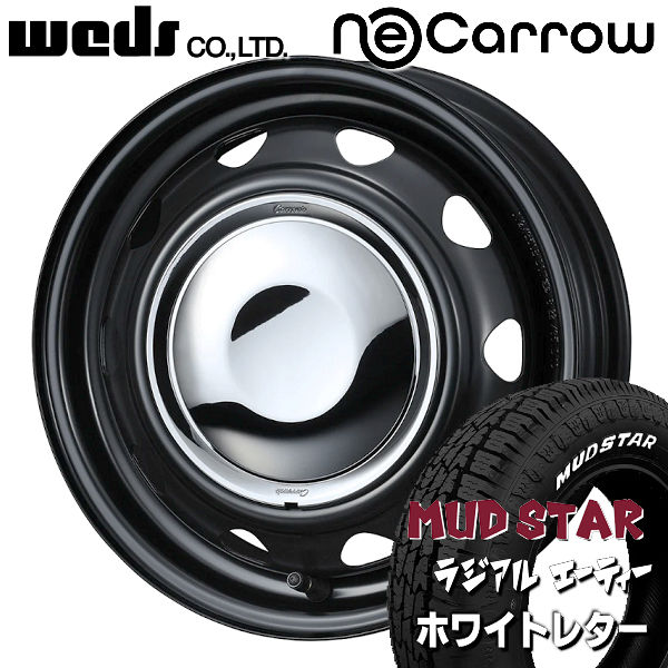 送料無料軽トラック ハイゼット キャリー N-VAN 等ネオキャロ NEO CARROWセミマットブラック／クロームキャップ145/80R12LT 80/78Nマッドスター ラジアル A/T★荷重対応 オールテレーン ホワイトレタータイヤ
