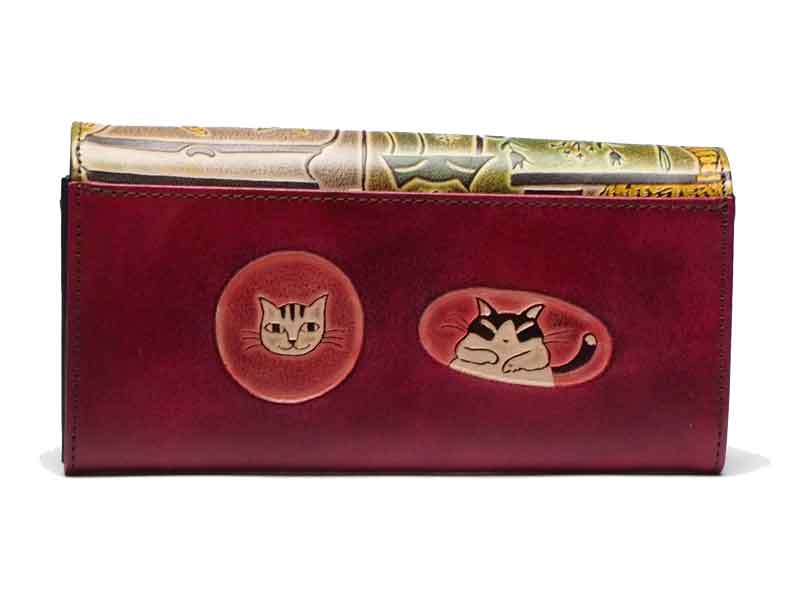 猫 革財布 手染め かぶせタイプ長財布 キッチン猫（レッド） Craft ema クラフトエマ 猫グッズ 猫雑貨 革 財布