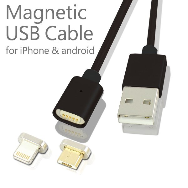 マグネット式 USBケーブル 20cm 充電/データ通信用 iPhone(Lightning)/Android(Micro USB)対応 ブラック 【スマートフォン アイフォン アンドロイド スマホ タブレット 端末に！】